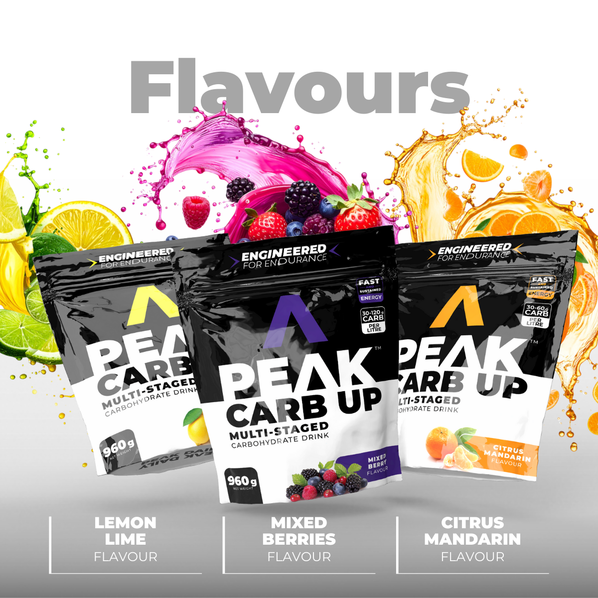 Peak Carb Up drinks packages with flavor options on a colorful background