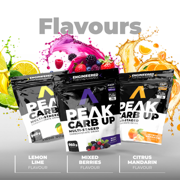 Peak Carb Up drinks packages with flavor options on a colorful background